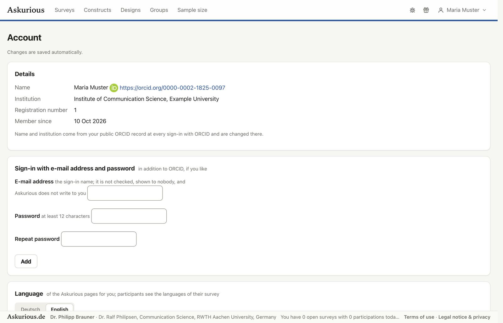 Konto: Angaben aus ORCID, Anmeldung, Sprache, Darstellung, Lernhilfen