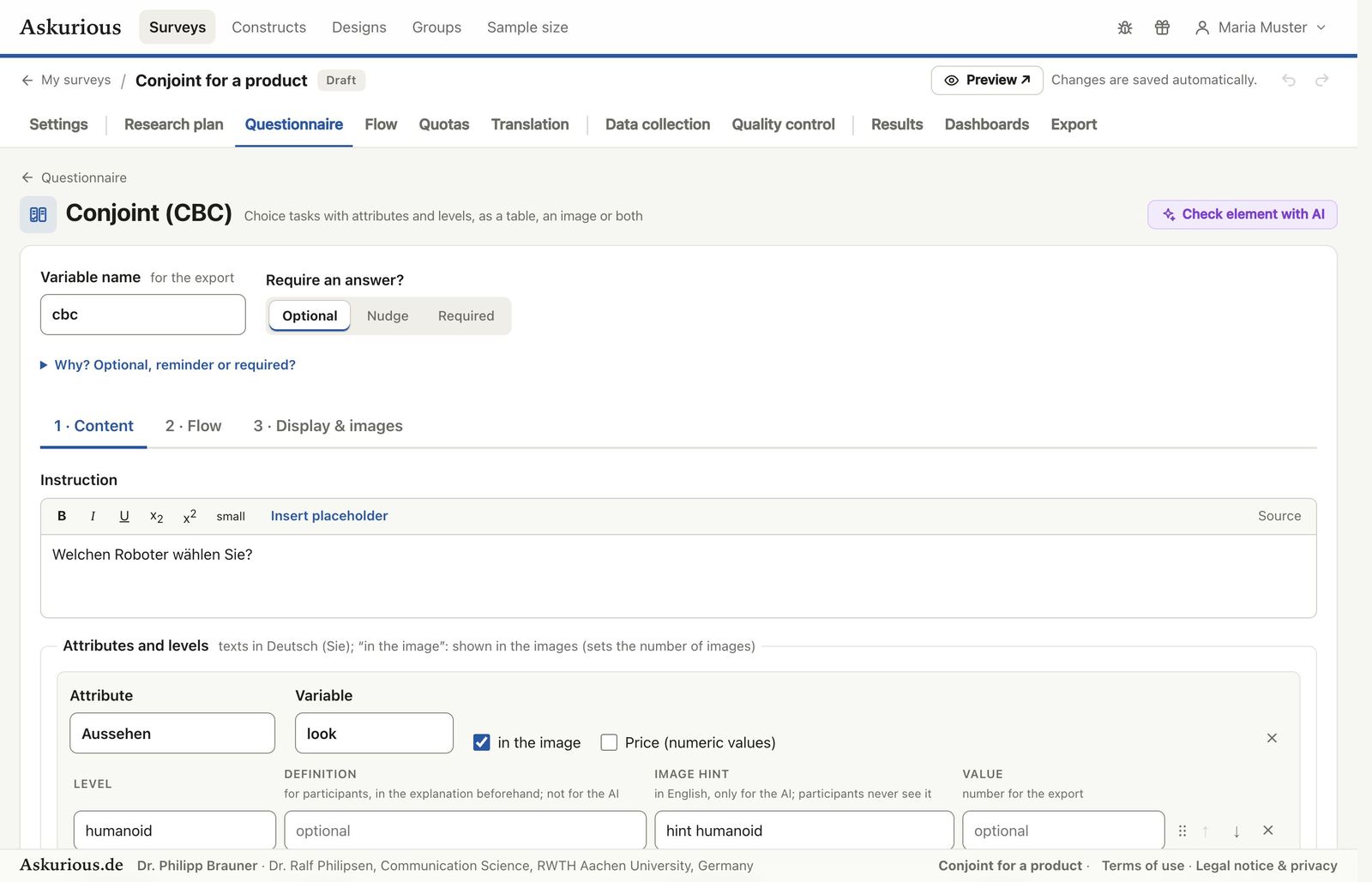 Die Elementseite eines Conjoints mit „Element mit KI prüfen“ oben rechts