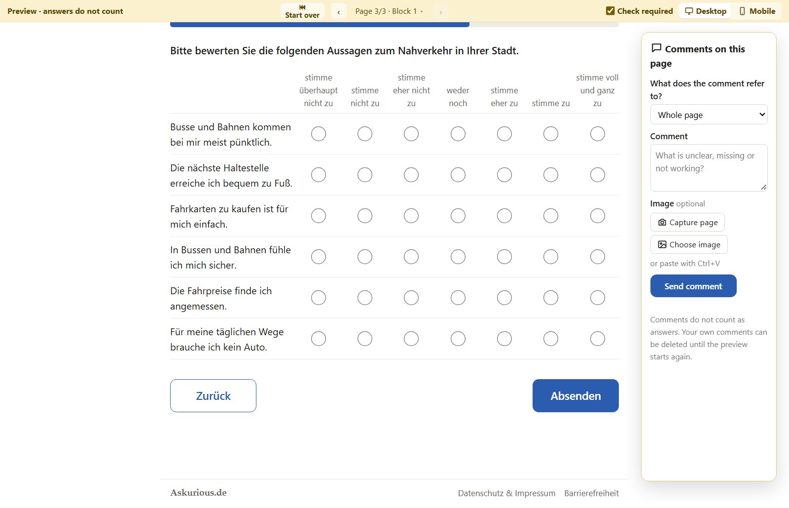 Die Vorschau einer Likert-Matrix mit dem Kommentarfeld für Pretest-Personen