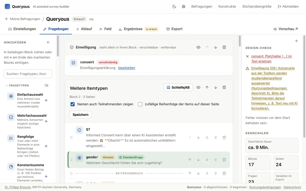 Screenshot: Fragebogen-Editor mit Design-Check und Kennzahlen