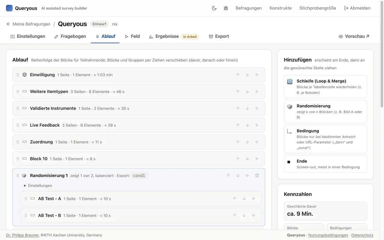 Screenshot: Ablauf mit Randomisierung, Bedingungen und Schleifen