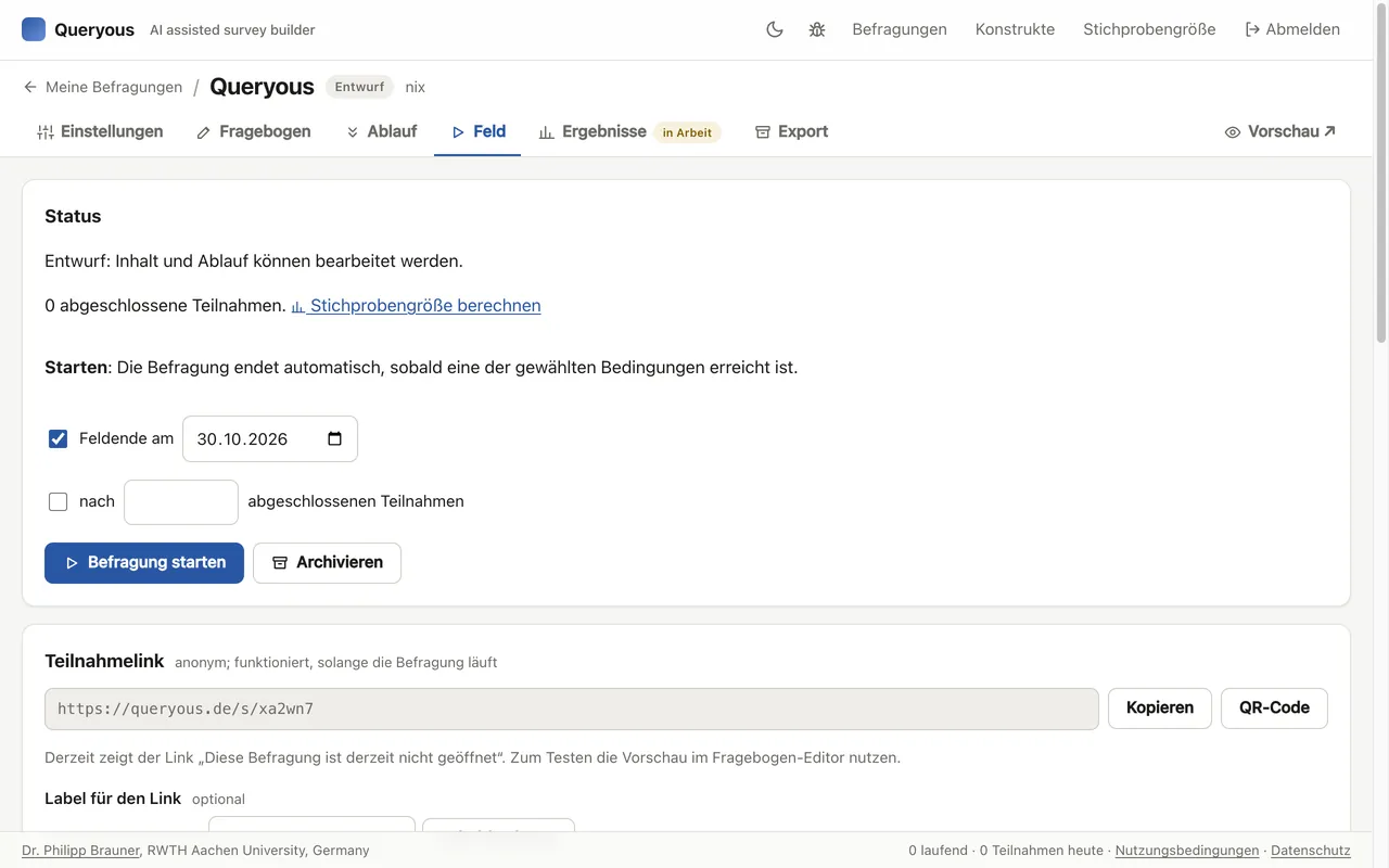 Screenshot: Feld: Status, Teilnahmelink, QR-Codes und Gruppen-Links