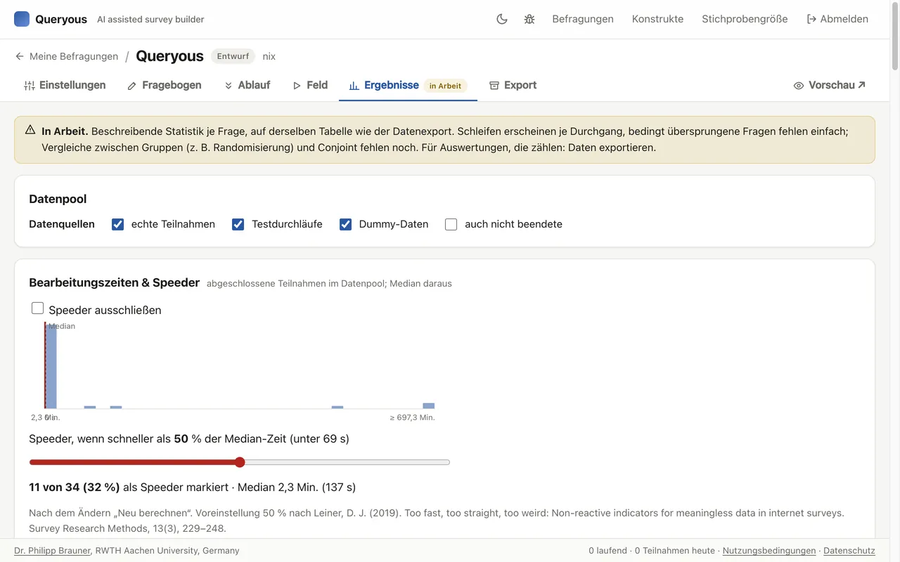 Screenshot: Ergebnisse mit Speeder-Filter und Kennwerten